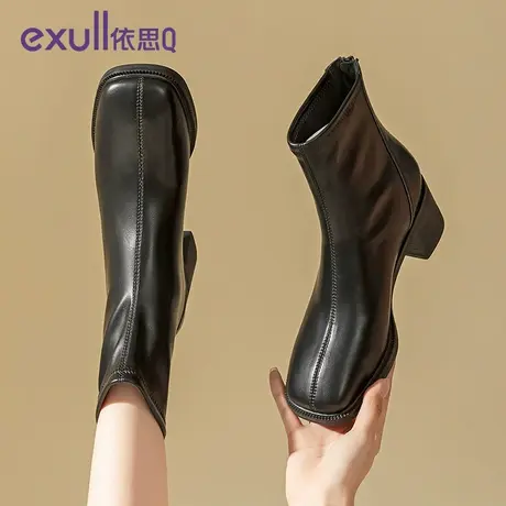 依思q靴子女2023新款增高鞋时装秋冬黑色高跟靴运动圆头新款女靴商品大图