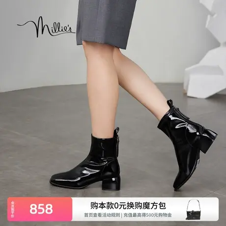 妙丽女鞋瘦瘦靴女冬季新款小方头牛皮短靴女LH340DZ3商品大图