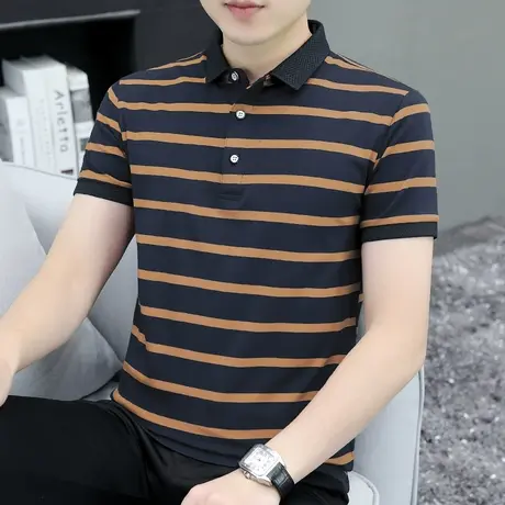 2023新款条纹polo衫男士短袖翻领t恤夏季冰丝光棉半袖有领上衣服图片