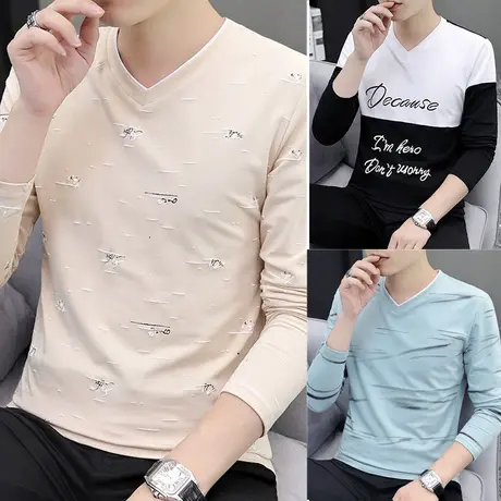 男士长袖T恤v领学生秋季2023新款韩版卫衣打底衫体恤男装修身上衣商品大图