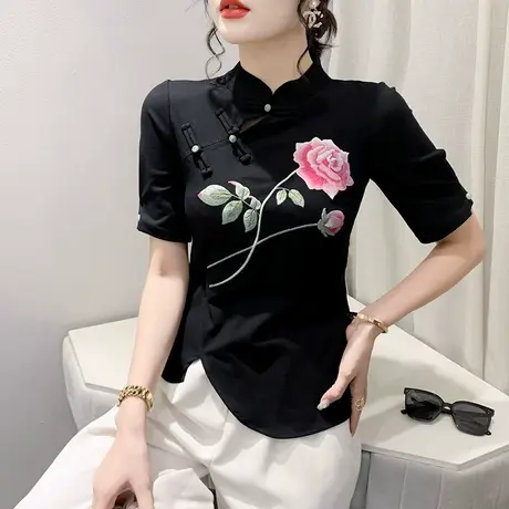 中国风复古上衣女2023夏装新款设计感小众分叉T恤短袖盘扣小衫潮商品大图