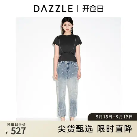 DAZZLE地素奥莱 春夏复古链条装饰黑色休闲短袖t恤短款上衣女图片