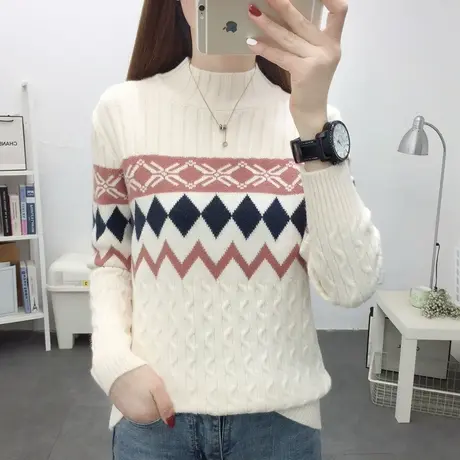 半高领加厚宽松毛衣女2022秋冬新款复古提花套头洋气针织打底衫女商品大图