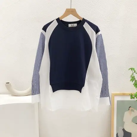 春季韩版小众设计感上衣时髦撞色卫衣拼接条纹衬衫包臀大码欧货女图片