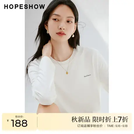红袖outlets落肩圆领上衣女hopeshow2023秋新款字母印花纯色长袖商品大图