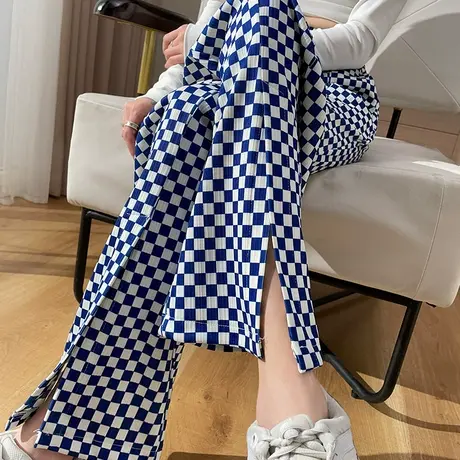 棋盘格开叉阔腿裤女冰丝夏季薄款高腰垂感宽松显瘦直筒微喇休闲裤商品大图