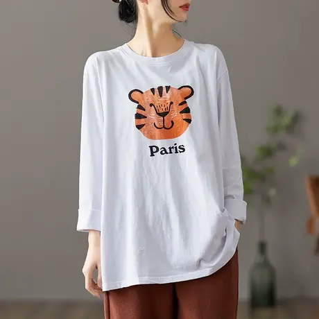 dza文艺复古白色纯棉长袖t恤女士春季新款宽松打底衫内搭休闲上衣商品大图