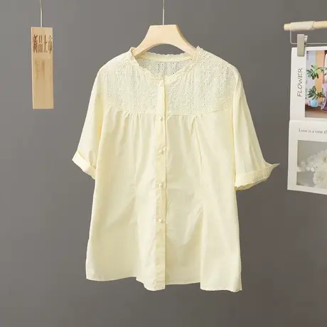 2023夏季新款蕾丝立领纯棉衬衫女短袖宽松简约纯色衬衣设计感上衣商品大图