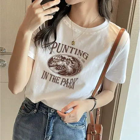 白色短袖t恤女2023新款夏装美式复古印花纯棉小众不撞款上衣半袖图片