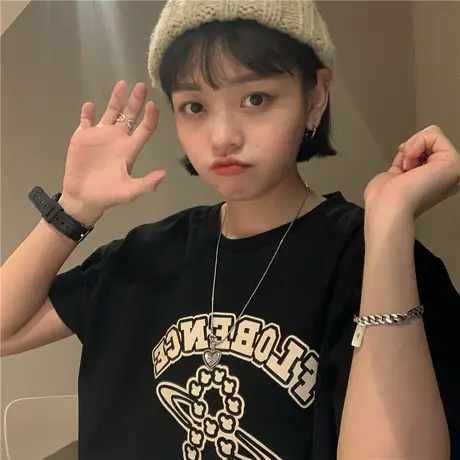 红续~2023春夏新款韩版宽松盐系ulzzang纯棉短袖T恤女上衣温柔风图片