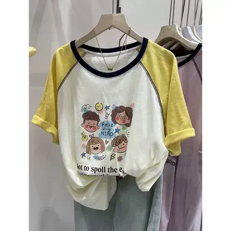 卡通手绘小孩印花T恤女2023夏季新款撞色拼接短袖雪花棉宽松上衣图片