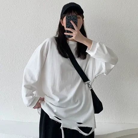 ins长袖t恤女2023新款早春韩版宽松bf原宿风个性时尚破洞上衣服潮图片