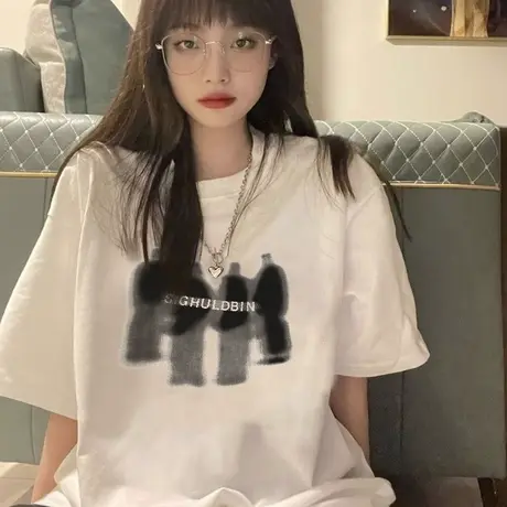 白色纯棉短袖t恤女夏季潮牌小众设计感美式复古圆领宽松半袖上衣商品大图