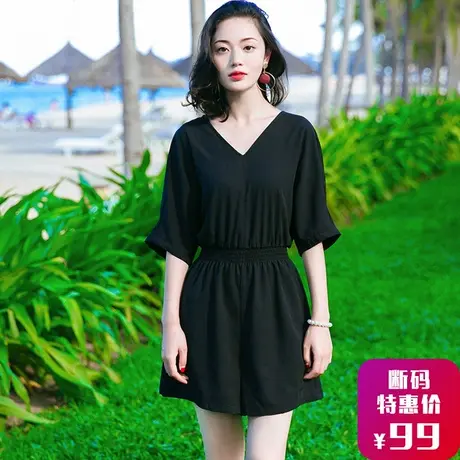 夏季新品韩版女装V领修身高腰休闲裤黑色中袖连体裤短裤子女裤商品大图