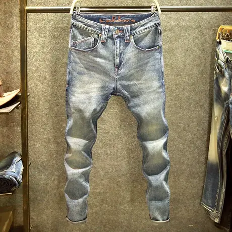 春季复古蓝牛仔裤男弹力修身小脚裤潮ins高街潮牌欧美街头裤子男商品大图