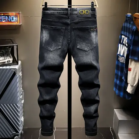 秋冬款潮牌黑色牛仔裤男修身小脚男士休闲长裤子百搭欧美男装直筒商品大图