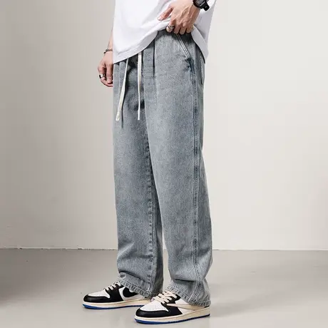 复古怀旧蓝宽松牛仔裤水洗休闲直筒裤子百搭男士直筒裤做旧牛仔裤图片