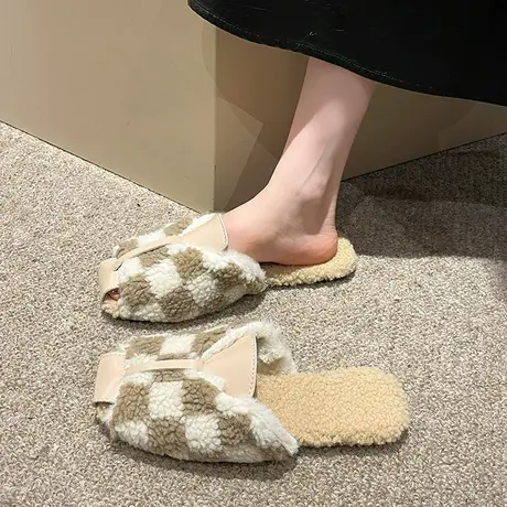 网红设计感毛毛拖鞋女外穿2023年秋季新款小众包头羊羔毛懒人棉拖商品大图