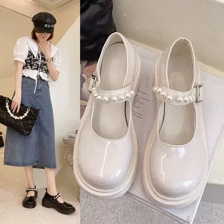玛丽珍鞋小皮鞋女珍珠百搭复古英伦风2023年新款日系jk一字带单鞋商品大图
