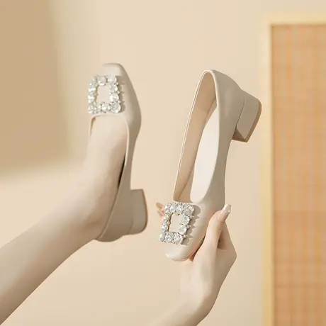 2023年新款秋季水钻方扣方头网红法式高跟鞋粗跟不累脚软皮中跟鞋图片