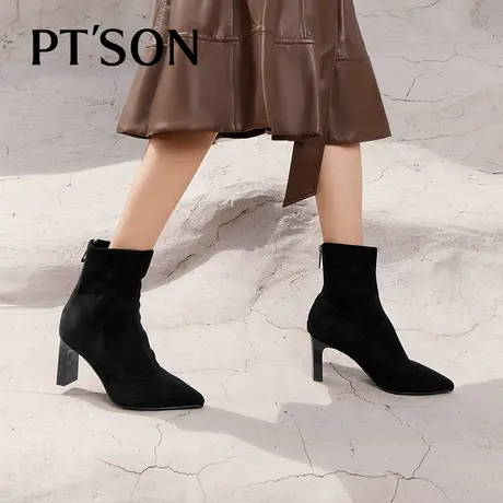 百田森真羊皮时装靴女2023冬新法式优雅尖头细高跟短靴商品大图