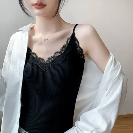 蕾丝边吊带背心女2023夏季新款性感衬衫内搭纯欲低领无袖打底衫商品大图