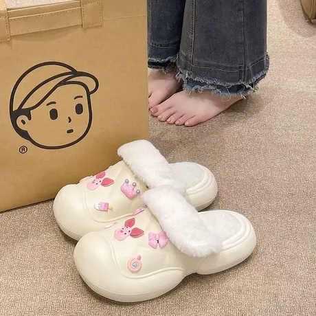 可爱小猪棉拖鞋女冬季外穿防滑保暖加绒毛毛室内居家防水包头拖鞋图片