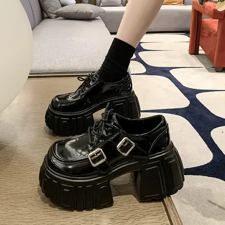 乐福鞋女2024年春秋季新款百搭厚底英伦风高跟小皮鞋超火粗跟单鞋图片