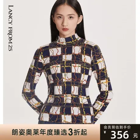 朗姿商场同款格子高领全羊毛套头针织衫毛衣女商品大图