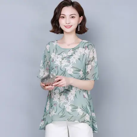 碎花雪纺衫女2023新款夏季女装短袖中长款大码遮肚子上衣洋气小衫商品大图