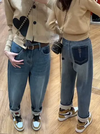 加绒加厚牛仔裤女2023冬季新款高腰宽松显瘦哈伦直筒老爹裤子百搭商品大图