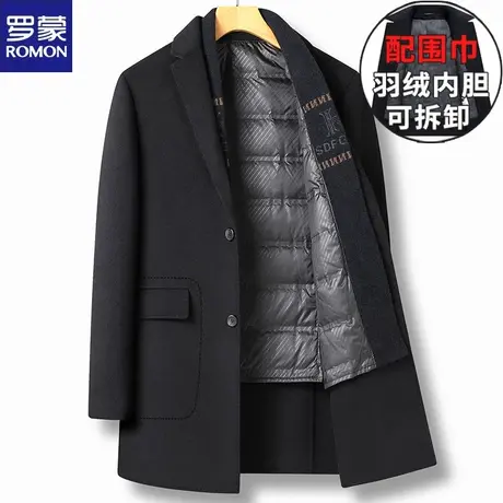 罗蒙秋冬男士毛呢外套加厚羽绒内胆中青年羊毛呢子大衣带围巾风衣图片