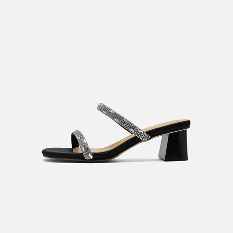 Nine West/玖熙2025夏新款方头一字拖鞋钻条粗跟时尚外穿百搭女鞋图片