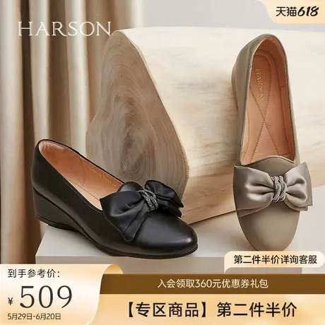 哈森秋季新款休闲坡跟圆头乐福鞋软面皮蝴蝶结单鞋HL227116商品大图