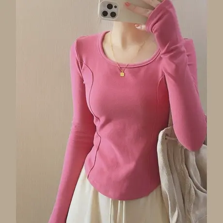 小个子短款纯棉T恤长袖女初秋洋气减龄修身显瘦辣妹纯欲打底上衣商品大图
