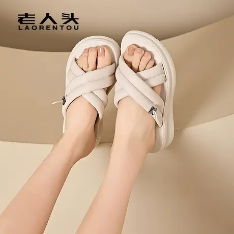老人头头层牛皮外穿拖鞋女2025夏季新款真皮凉拖厚底一字拖鞋女商品大图