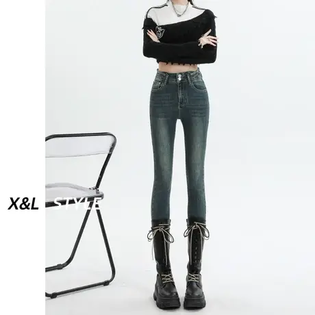 美式复古小脚牛仔裤女春秋2023新款弹力修身高腰显瘦大码铅笔裤子商品大图