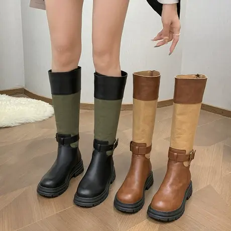 厚底增高秋冬短靴复古碰撞拼色一字扣圆头金扣后拉链大码长筒靴女商品大图