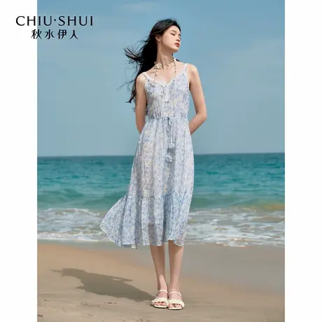 秋水伊人A型V领抽绳花边拼接吊带连衣裙2025夏季新款女休闲中长裙商品大图