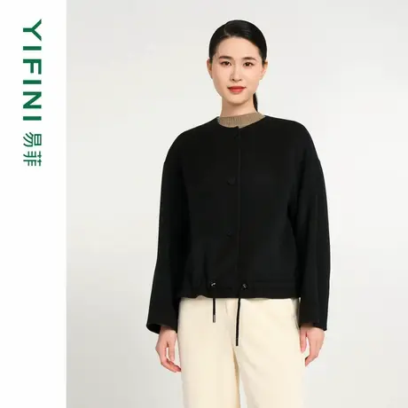 [专柜同款]Yifini/易菲圆领宽松短款双面呢外套女气质上衣冬新商品大图