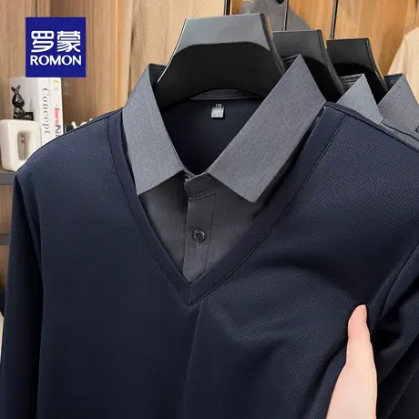 罗蒙男士纯色假两件针织衫2025秋季新款衬衫领拼接毛衣日常上衣男商品大图