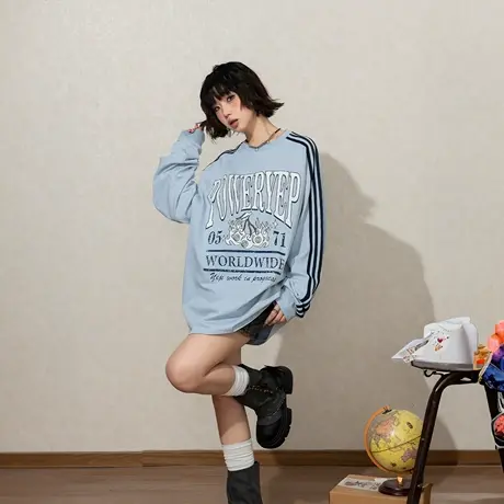 YEP复古印花条纹圆领卫衣女春秋款2025新款宽松薄款套头无帽上衣图片