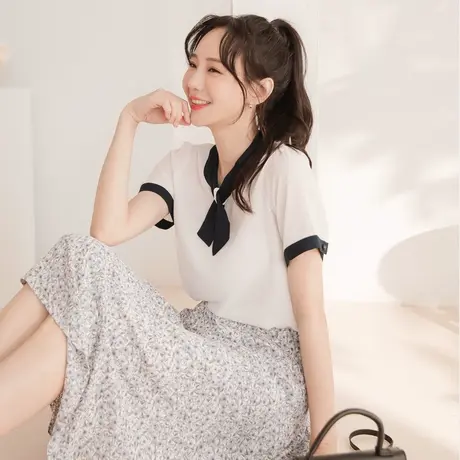 桔熊夏季韩版气质甜美OL风职业服领结短袖雪纺衫上衣女大码AA8956商品大图