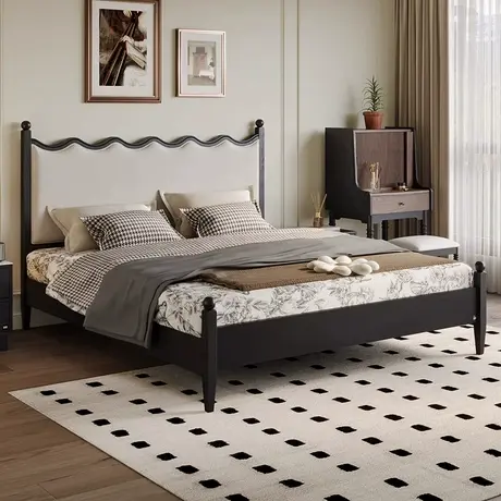 顾家家居实木2025新款白蜡木复古风软靠软包小户型现代简约主卧床商品大图