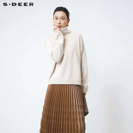 sdeer圣迪奥冬季女装时尚罗纹高领落肩袖宽松针织衫S24483519商品大图