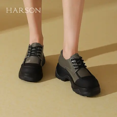 哈森潮流个性拼色厚底深口单鞋女秋季新款系带小皮鞋HS240602商品大图