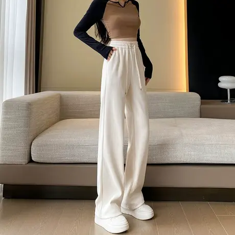 杏色灯芯绒窄版阔腿裤女秋冬新款垂感显瘦条绒裤子拖地休闲直筒裤商品大图