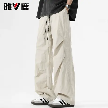 雅鹿2026早春新款垂感休闲阔腿裤男青年松紧腰抽绳宽松弯刀长裤子商品大图