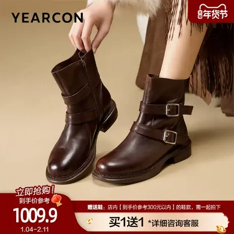 意尔康真皮厚底骑士靴女2025冬新款棕色百搭短筒靴子时装靴机车靴图片