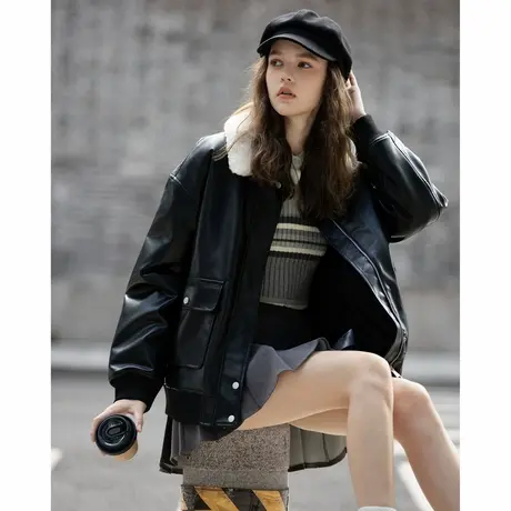 唐狮秋冬季短款皮衣外套女翻领拼接仿羔毛设计感机车风时尚TUTA商品大图